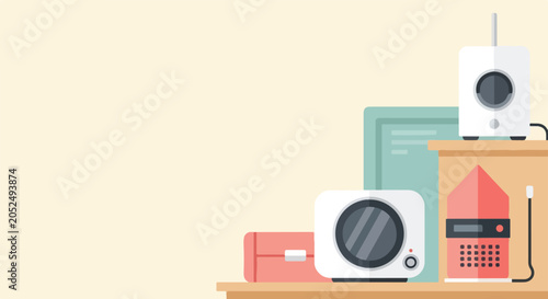 Foto A clean and flat vector graphic featuring several electronic gadgets and smart home devices displayed on a light brown wooden shelving unit