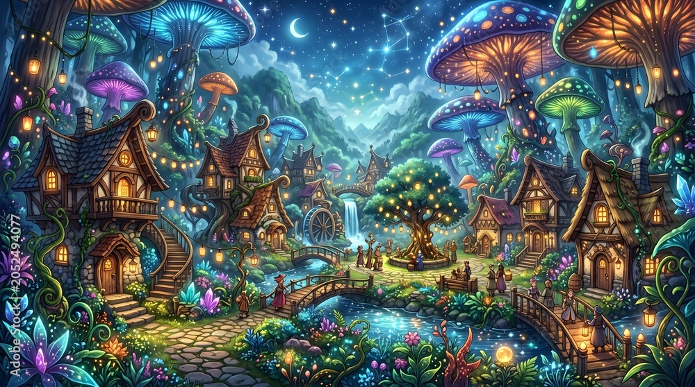 Fototapeta premium A vibrant mushroom village under starry sky.