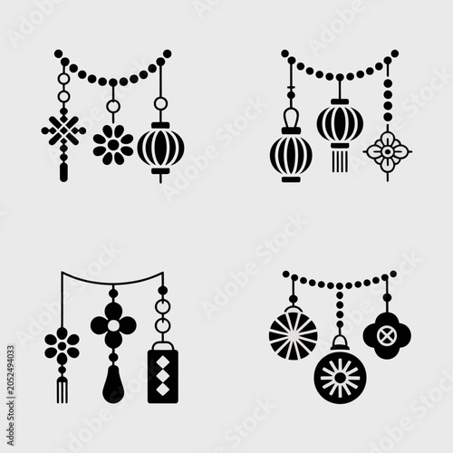 Set of black silhouette icons showing traditional festival ornaments