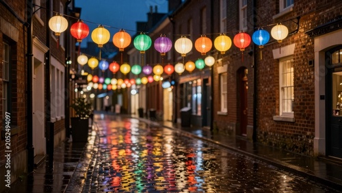 Colorful Lanterns Illuminate Calm Street After Rain at Dusk