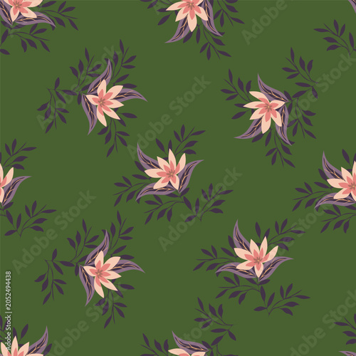 Seamless floral pattern, cute ditsy print with small pink flowers, leaves on purple background. Pretty botanical design for fabric, paper and other surfaces. Vector illustration.