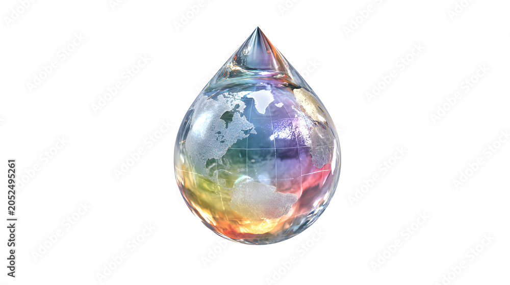 Naklejka premium Earth globe inside a colorful water drop isolated on transparent background