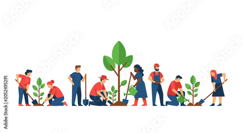 Bild auf Leinwand Diverse group of people planting trees in a community garden, environmental cons