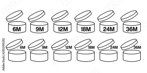 Cosmetic Period After Opening PAO Icons Vector Set with Open Jar Shelf Life Labels and Expiration Month Symbols
