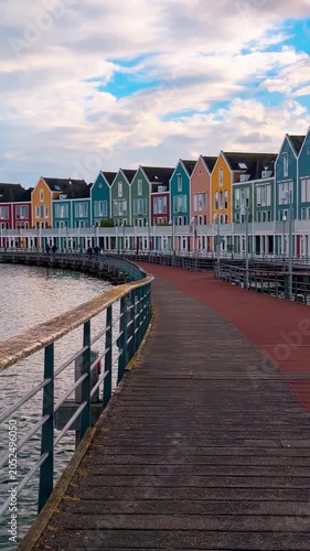 Colorful houses on a lake in Utrecht province, Kniphoekbrug, the Netherlands May 14, 2026. High quality 4k footage