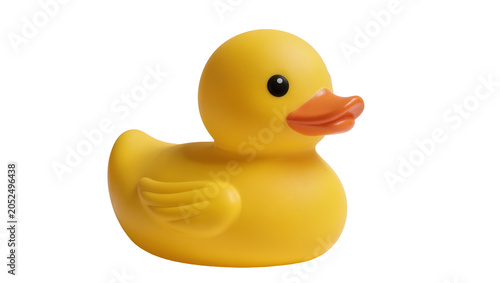 Foto Yellow rubber duck toy with orange beak and black eye