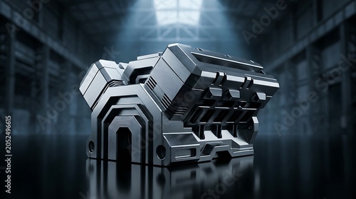 Massive futuristic metallic engine block sitting on a reflective surface inside a dark industrial warehouse for advanced engineering concepts