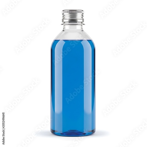 Blue Liquid in Clear Plastic Bottle with Silver Cap Isolated on White