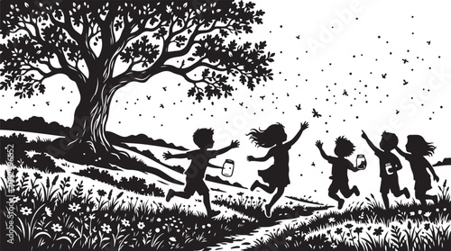 Vintage silhouette of children playing in summer field, group of kids catching fireflies near large oak tree, nostalgic black and white vector art