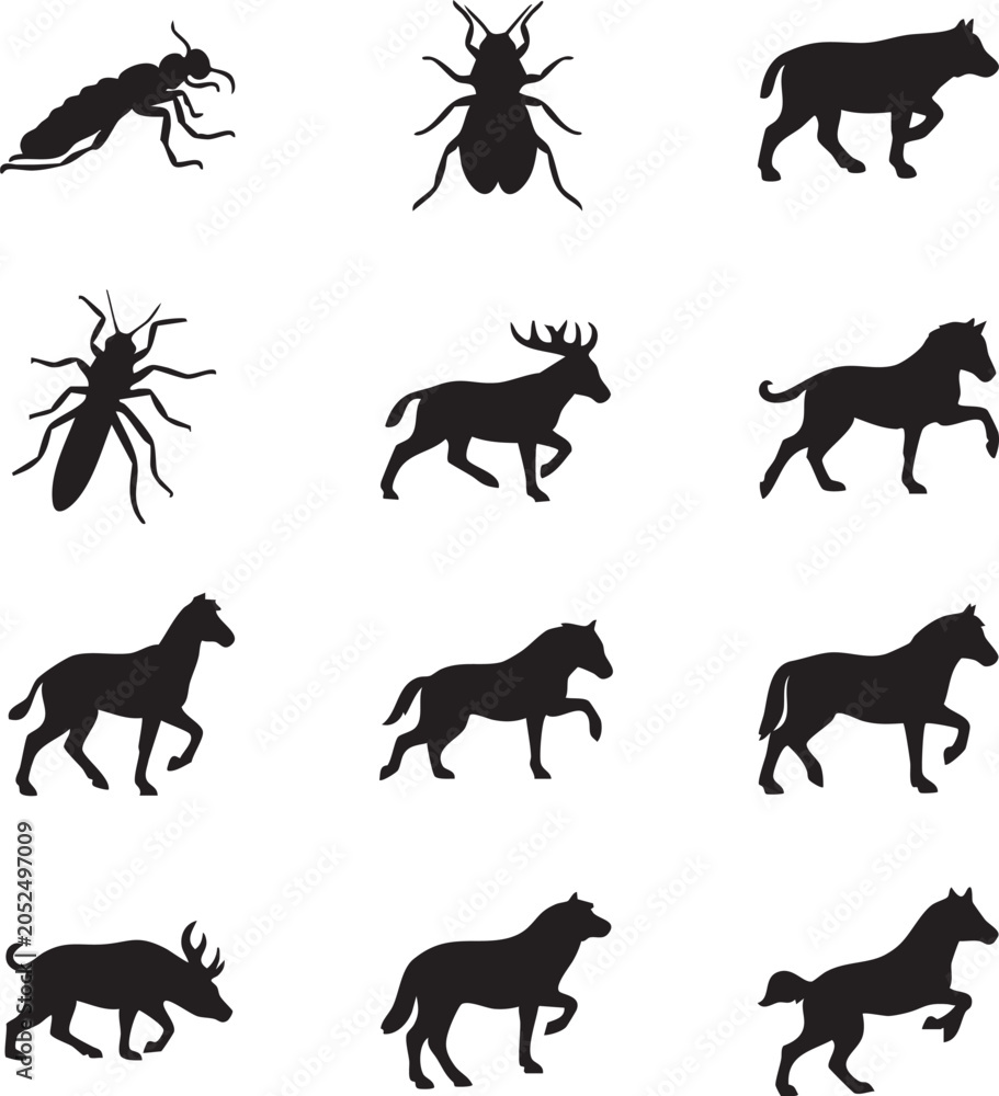 Obraz premium Set of wild animal silhouettes including insects deer horse and various creatures in black isolated on white background with silhouette