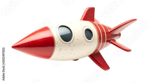 Retro red and white rocket ship toy, classic space-themed design for kids and science fiction concepts, isolated on white background
