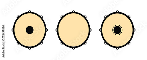Dhol Drums Collection: A stylized collection of three Dhol drums, showcasing variations in their central resonating patches, presented against a clean backdrop.