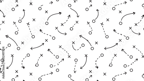 Black and white tactical sport game plan pattern with circles crosses and arrows showing movement strategy
