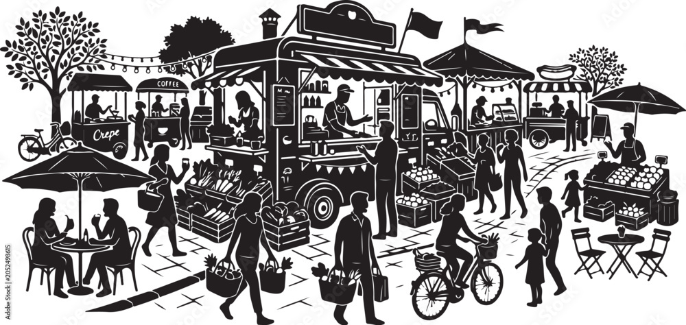 Obraz premium Black and white, outdoor market scene, vector illustration, city street, people walking, cafe