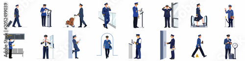 Obraz na płótnie Vector illustrations of male and female airline pilots in diverse airport situations, from check-in and security to boarding and duty breaks