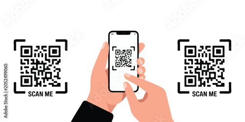 Hand holding smartphone scanning qr code frame on transparent background for mobile payment and digital access.