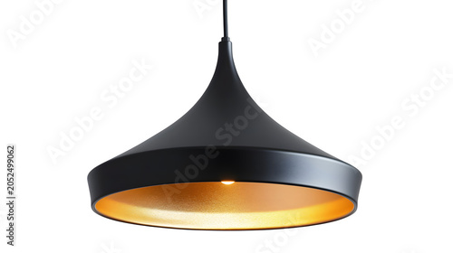 Sleek black pendant light fixture with warm golden interior, contemporary hanging lamp for modern home decor, isolated on white background