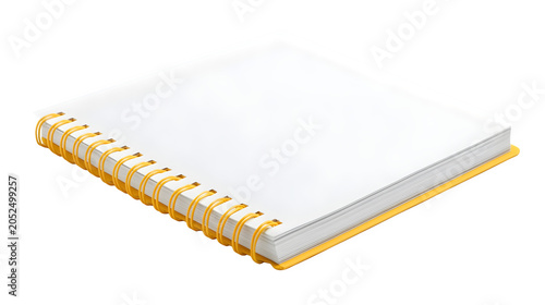 Spiral-bound notebook with yellow corner protectors, clean notepad for writing and creative sketching, isolated on white background