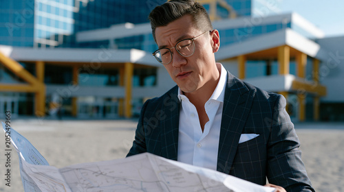 Creative agency account director in an empty desolate location outside a suburban convention center reviewing trade show booth design printouts, display dimensions and brand placement notes annotate