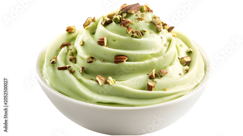 Swirl of creamy pistachio gelato topped with crushed nuts, Italian ice cream dessert for food design, isolated on white background
