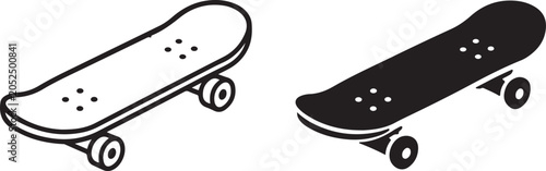 Black and white skateboard icons with outline and solid silhouette styles for extreme sports design projects