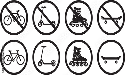 Set of black prohibition and permission signs for bicycles scooters roller skates and skateboards in simple graphic style