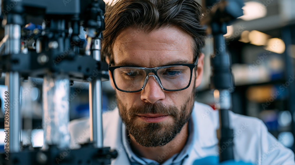 Fototapeta premium Air quality materials engineer testing nanofiber filtration membrane tensile properties in mechanical testing rig, innovation laboratory, product durability research process in action, applied mater