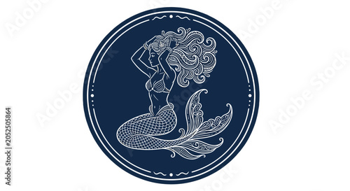 Schilderij op canvas mermaid silhouette on dark blue background circle