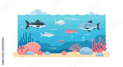 Colorful Underwater Scene with Various Fish, Coral, and Shells