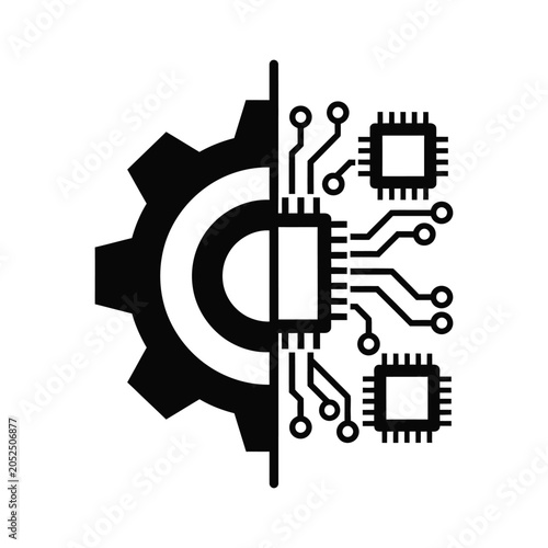 Gear and computer chip icon for technology and engineering
