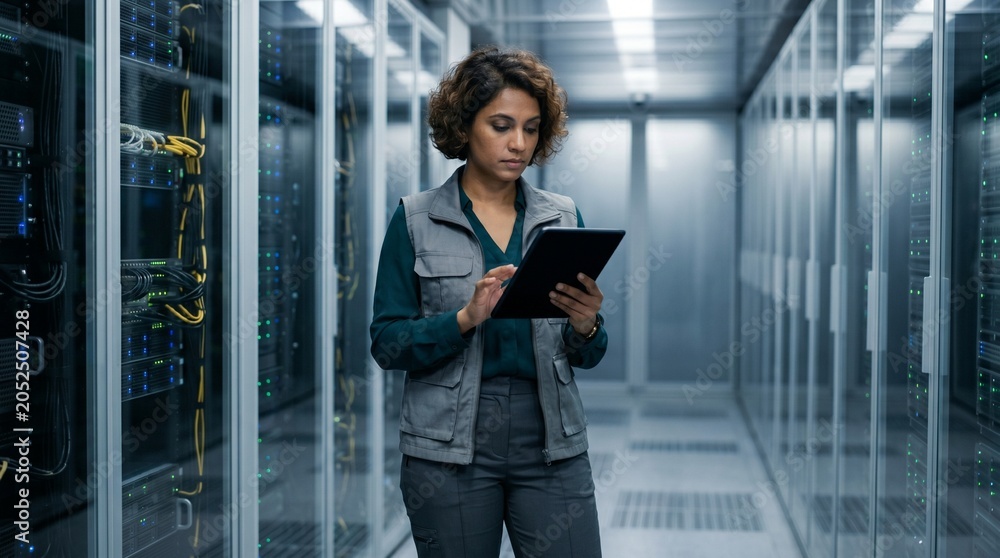 Fototapeta premium Serious female information technology administrator analyzing mainframe data on tablet PC while walking in secure corporate server facility corridor