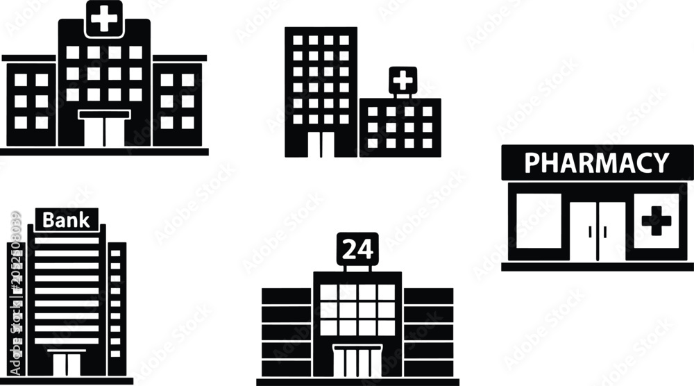 Obraz premium Vector set of medical and financial public building icons including hospital pharmacy bank and twenty four hour store isolated on white background