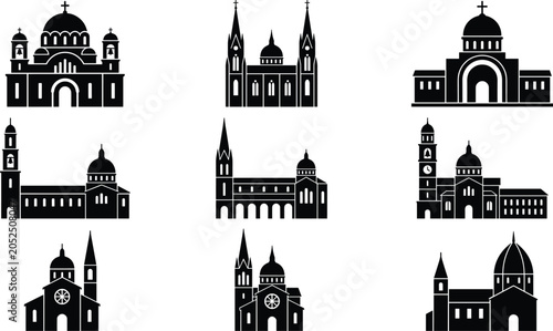 Schilderij op canvas Vector set of historical church icons cathedral silhouettes and religious buildi