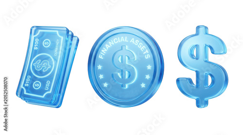 3d render of blue glass dollar bill stack, financial assets coin and dollar sign isolated on transparent background
