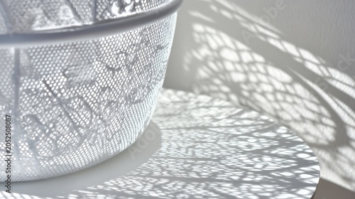 Minimalist home decor with white metal decorative basket on tabletop illuminated by sunlight, casting intricate geometric shadow patterns, abstract shapes, texture and natural light.