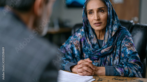 Middle-aged Pakistani woman sits across a scratched laminate table from an immigration attorney, paperwork for her brother's sponsorship petition stacked between them, her fingers interlaced tightly