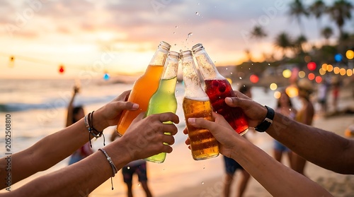 Friends cheering with colorful bottles on summer beach sunset, festive celebration.
