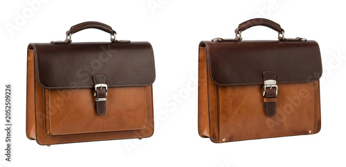 Two leather briefcases with a twotone brown design isolated on transparent background