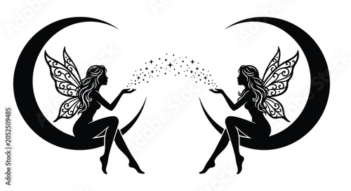 Quadro su tela fairy silhouette on crescent moon winged creature