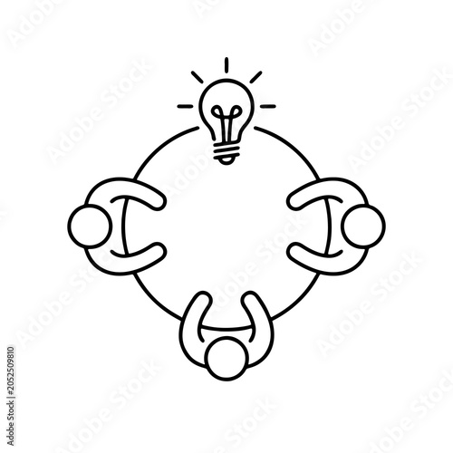 Monoline icon of four people sitting around a round table having discussion with lightbulb above center. Diverse team collaborating to spark innovative ideas with a bright lightbulb overhead