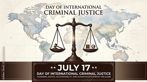 Day of international criminal justice banner with scales and map