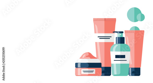 Foto Illustration of several skincare product containers, including tubes and bottles, displayed in a clean, minimalist flat design style