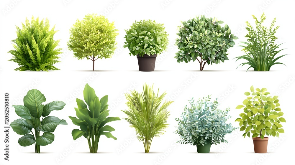 Fototapeta premium A collection of ten diverse green plants and trees, some potted and some in the ground, showcasing various foliage and shapes