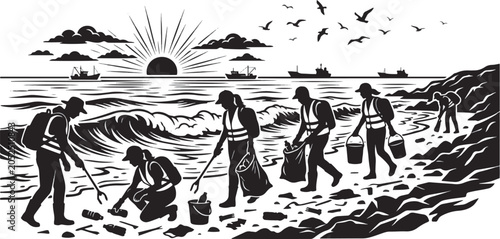 Quadro em tela Group of people collecting trash on rocky shore during golden hour with ocean wa