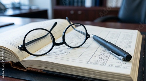 Professional macro photography detailing black reading glasses resting on an open financial ledger beside a matte black fountain pen.