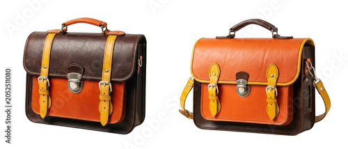 Two vintagestyle leather satchel bags in brown and orange colors isolated on transparent background