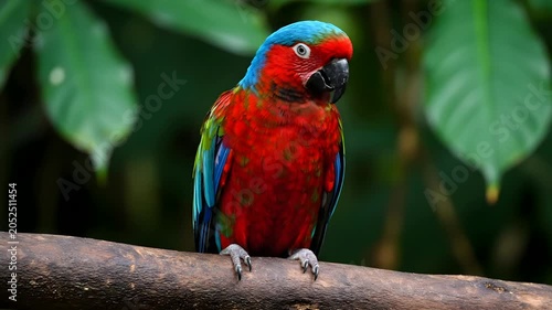 Vibrant Scarlet Macaw Parrot Perched on a Branch in Lush Green Jungle Foliage.