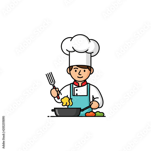 Chef cooking food in a pan with a fork.