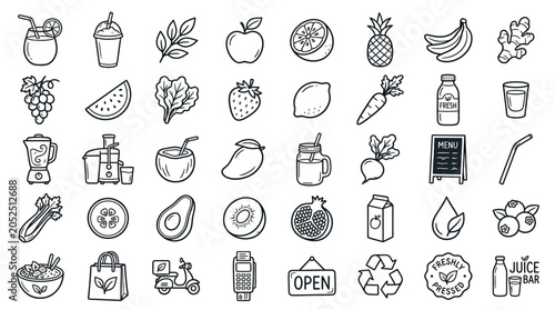 Collection of hand-drawn icons representing healthy food, drinks, and lifestyle elements.