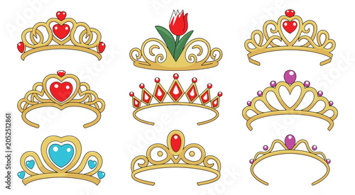 Konstfotografi Princess crown tiara vector illustration showcasing elegant royal headpieces with heart decorations, sparkling gems, and fairytale inspired jewelry elements